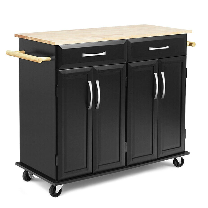 Rolling Kitchen Trolley Island Black Cart Wood Top Storage Cabinet Utility W/ Drawers Image 8