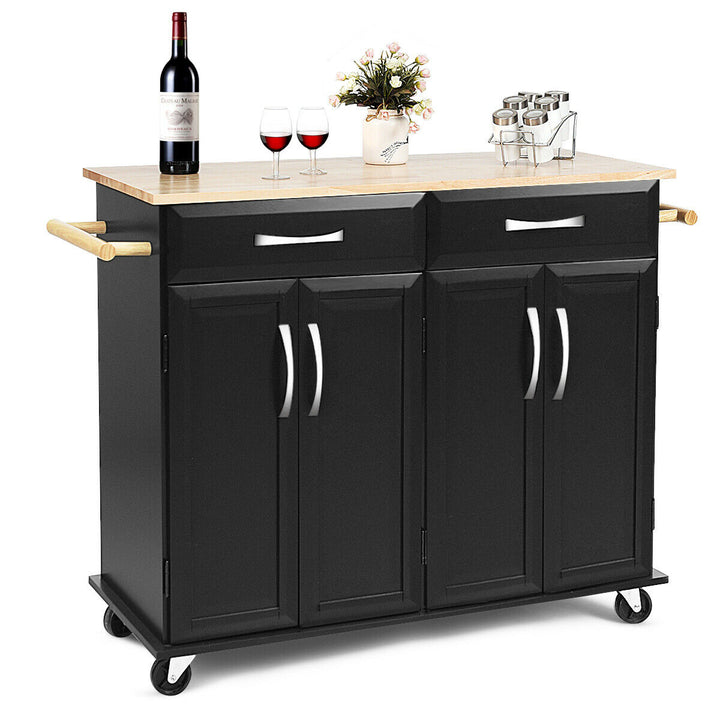 Rolling Kitchen Trolley Island Black Cart Wood Top Storage Cabinet Utility W/ Drawers Image 9