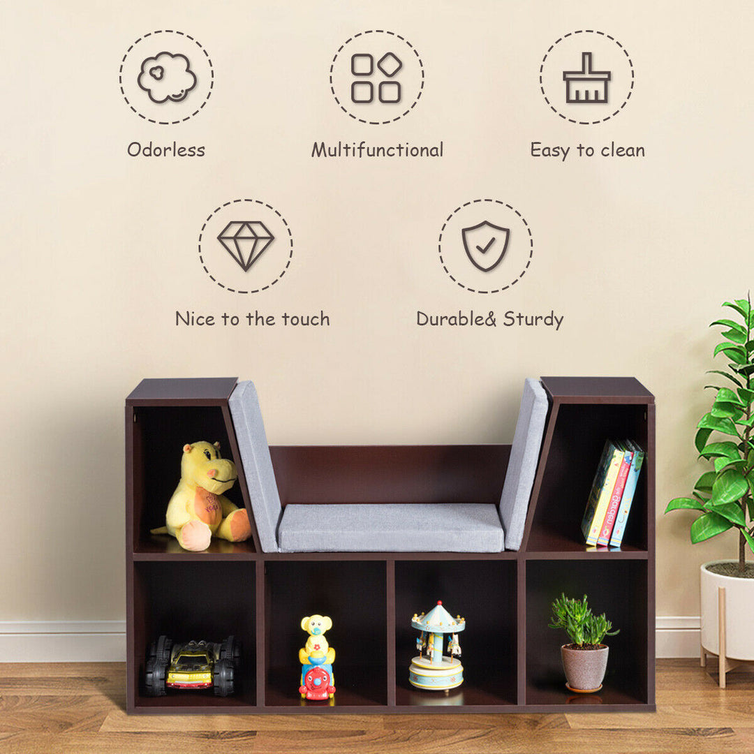 6 Cubby Kid Storage Cabinet Cushioned Bookcase Multi-Purpose Reading Shelf Brown Image 6