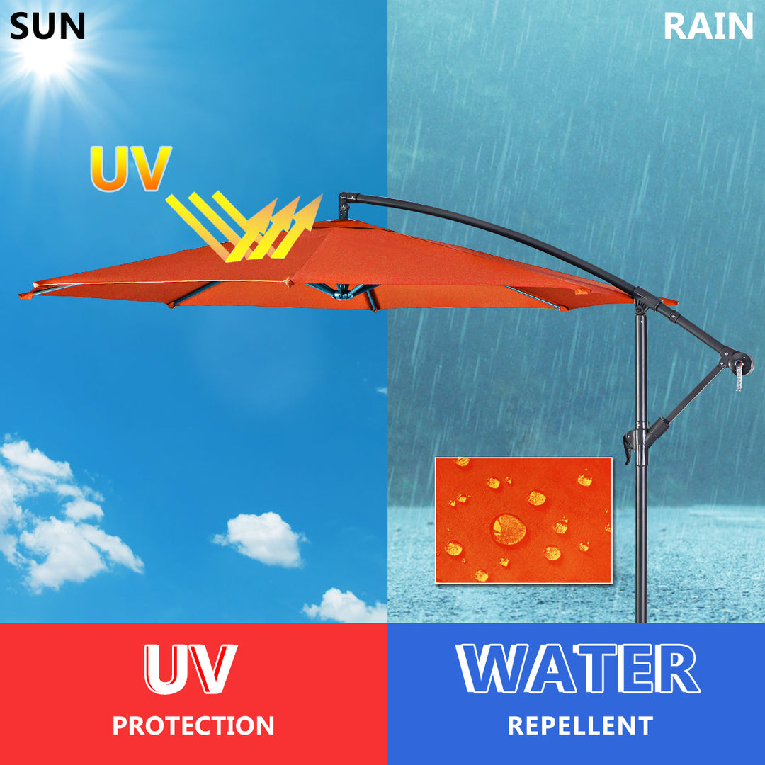 10 Ft Hanging Umbrella Patio Sun Shade Offset Outdoor Market Cross Base Orange Image 6