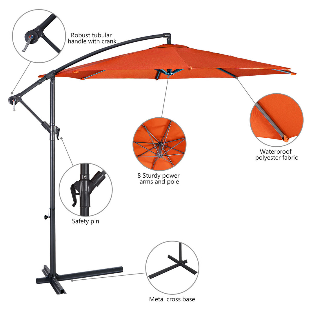 10 Ft Hanging Umbrella Patio Sun Shade Offset Outdoor Market Cross Base Orange Image 8