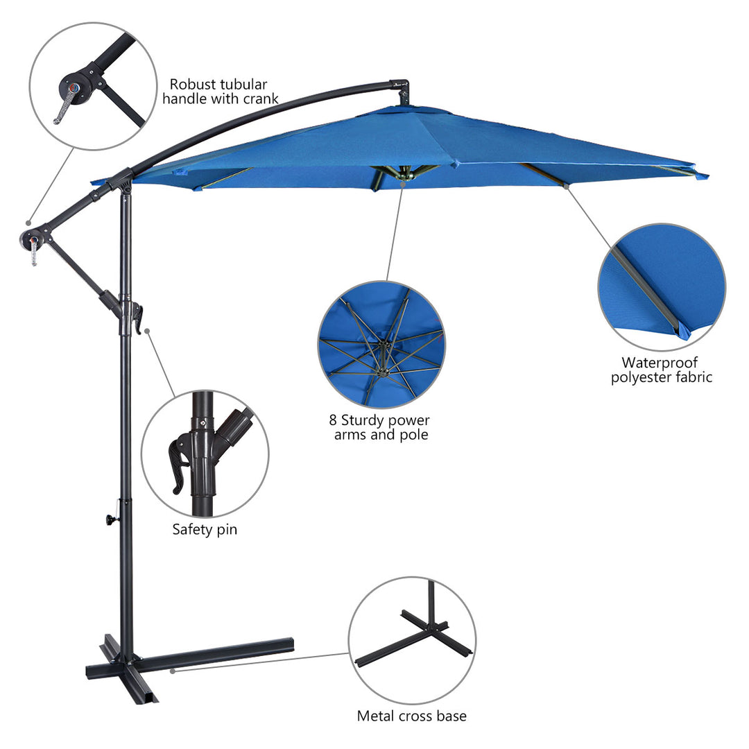 10 Hanging Umbrella Patio Sun Shade Offset Outdoor Market W/ Cross Base Blue Image 8