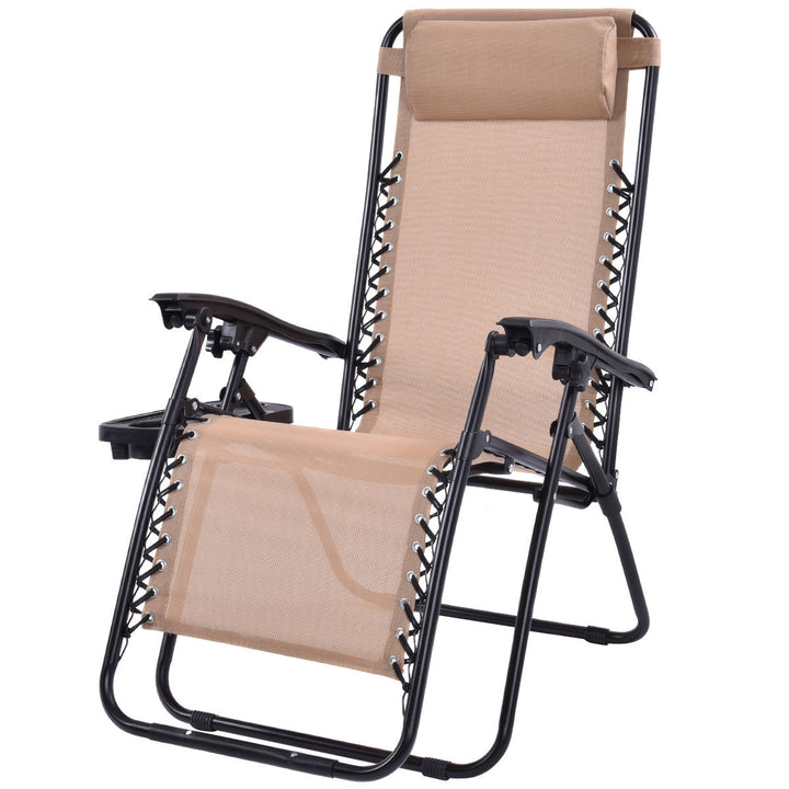 2PCS Zero Gravity Chairs Lounge Patio Folding Recliner Beige W/Cup Holder Image 6