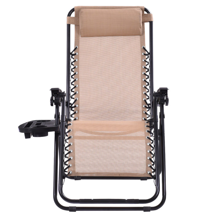 2PCS Zero Gravity Chairs Lounge Patio Folding Recliner Beige W/Cup Holder Image 9