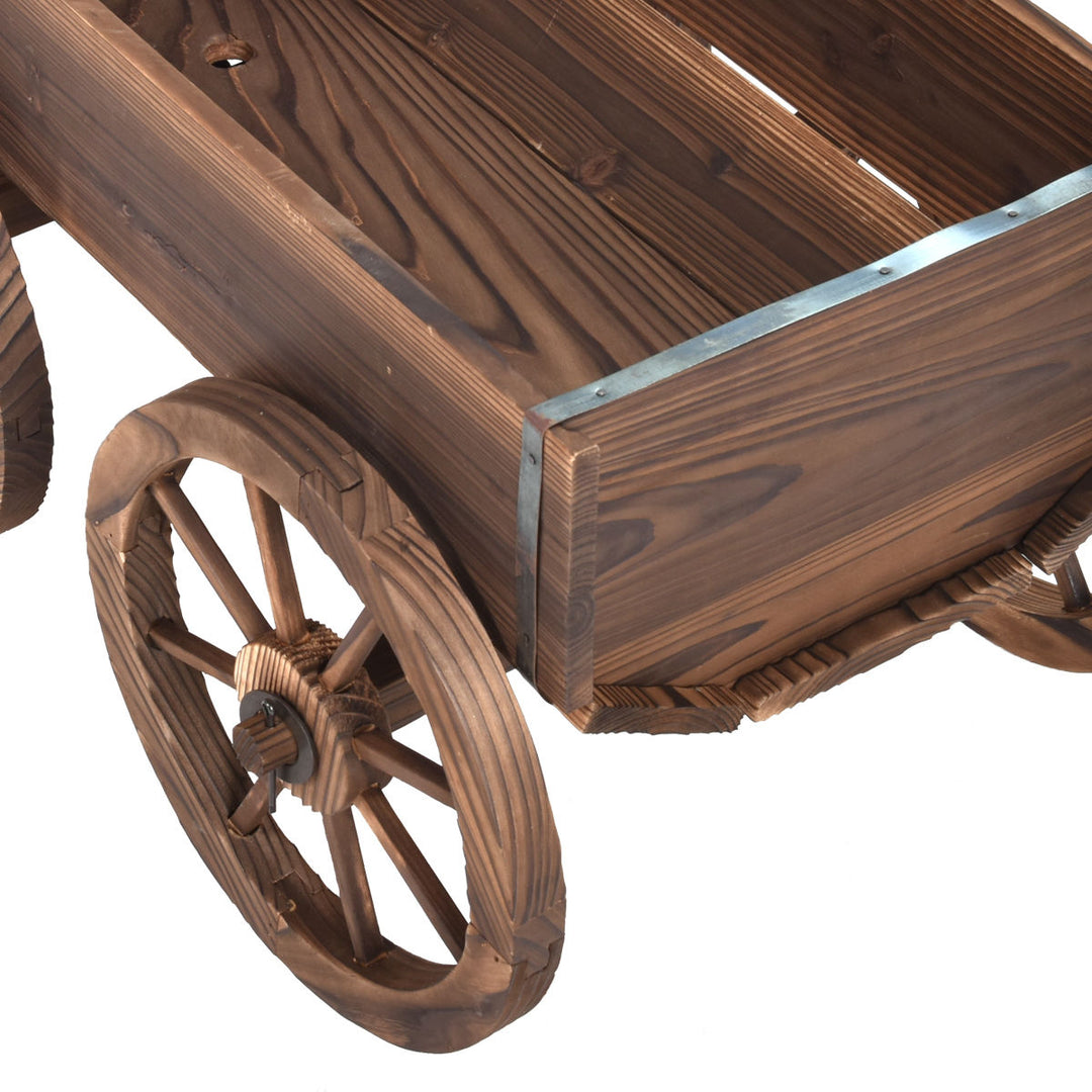 Wood Wagon Flower Planter Pot Stand W/Wheels Home Garden Outdoor Decor Image 9