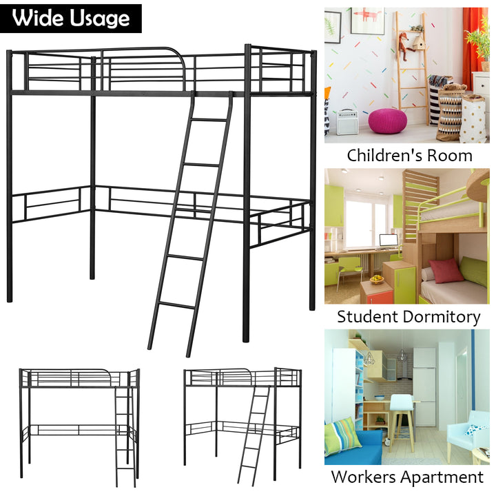 Metal Loft Twin Bed Frame Single Twin Size High Loft Bed W/ Ladder and Guard Rail Image 1