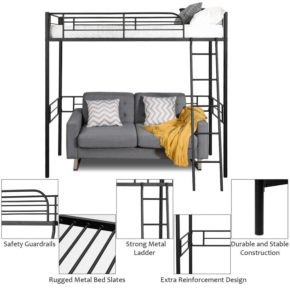 Metal Loft Twin Bed Frame Single Twin Size High Loft Bed W/ Ladder and Guard Rail Image 2