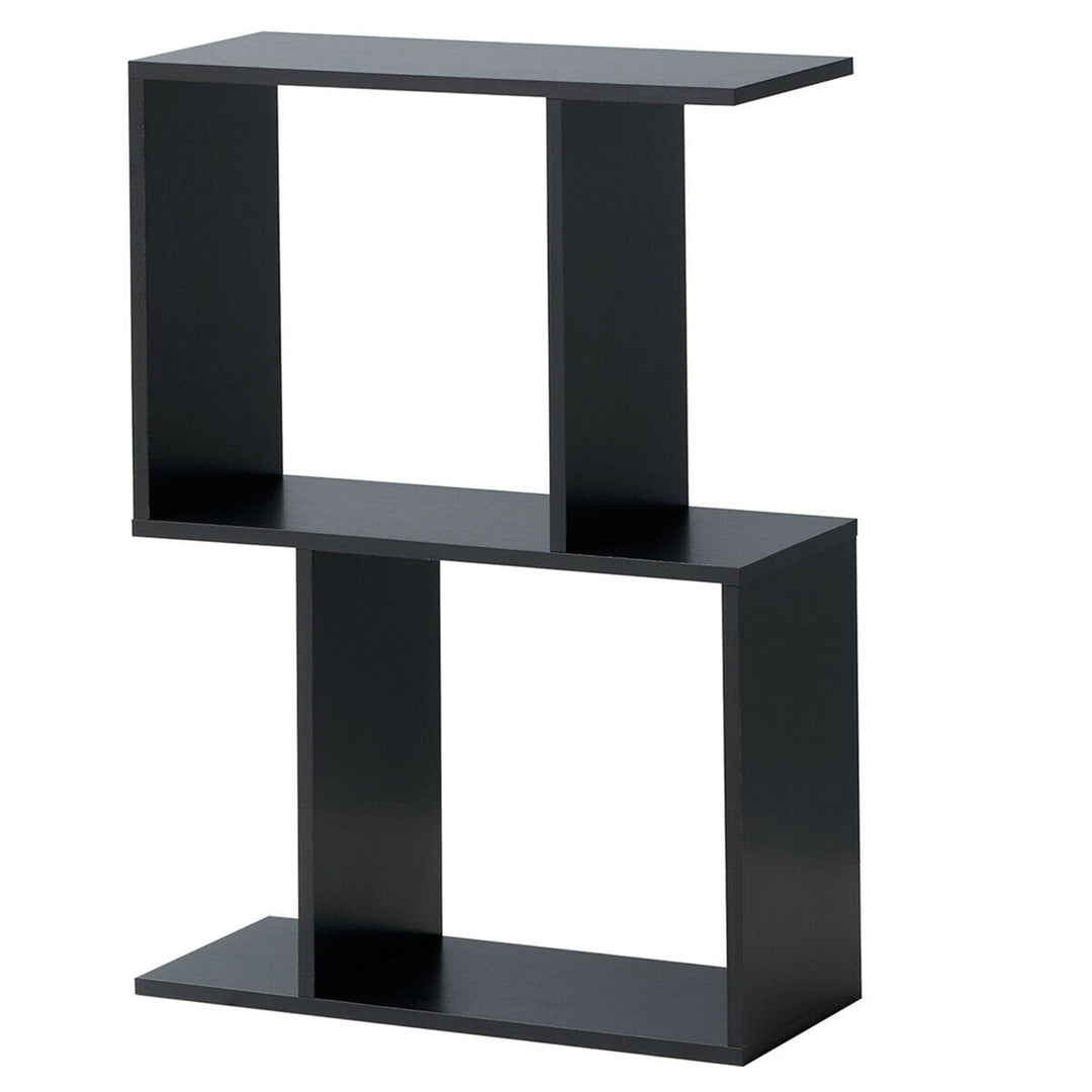 2-tier S-Shaped Bookcase Free Standing Storage Rack Wooden Display Decor Black Image 1