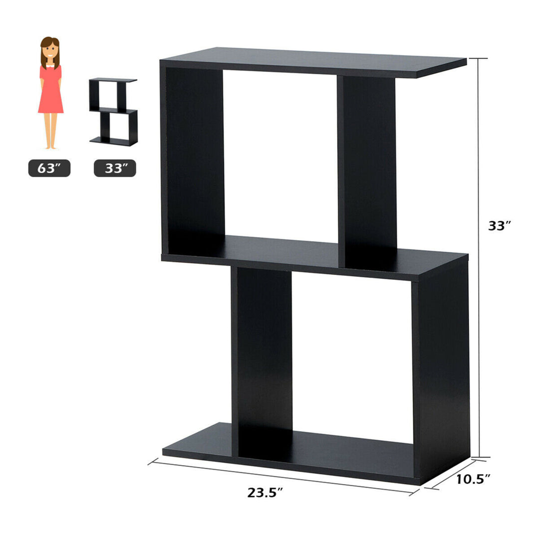 2-tier S-Shaped Bookcase Free Standing Storage Rack Wooden Display Decor Black Image 2