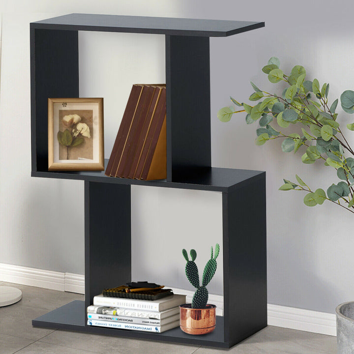 2-tier S-Shaped Bookcase Free Standing Storage Rack Wooden Display Decor Black Image 3