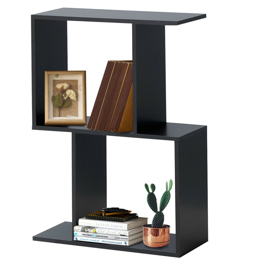 2-tier S-Shaped Bookcase Free Standing Storage Rack Wooden Display Decor Black Image 4