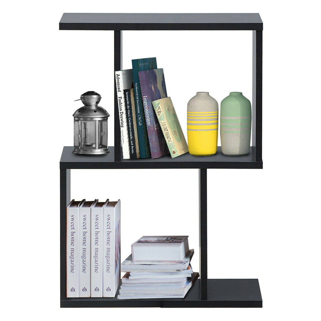 2-tier S-Shaped Bookcase Free Standing Storage Rack Wooden Display Decor Black Image 5