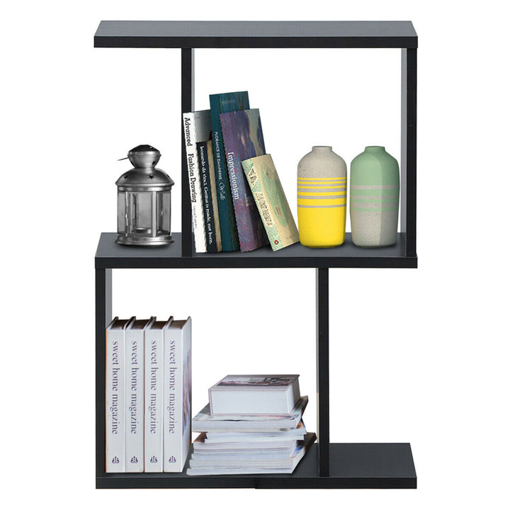 2-tier S-Shaped Bookcase Free Standing Storage Rack Wooden Display Decor Black Image 5