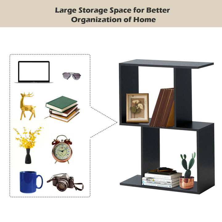 2-tier S-Shaped Bookcase Free Standing Storage Rack Wooden Display Decor Black Image 7