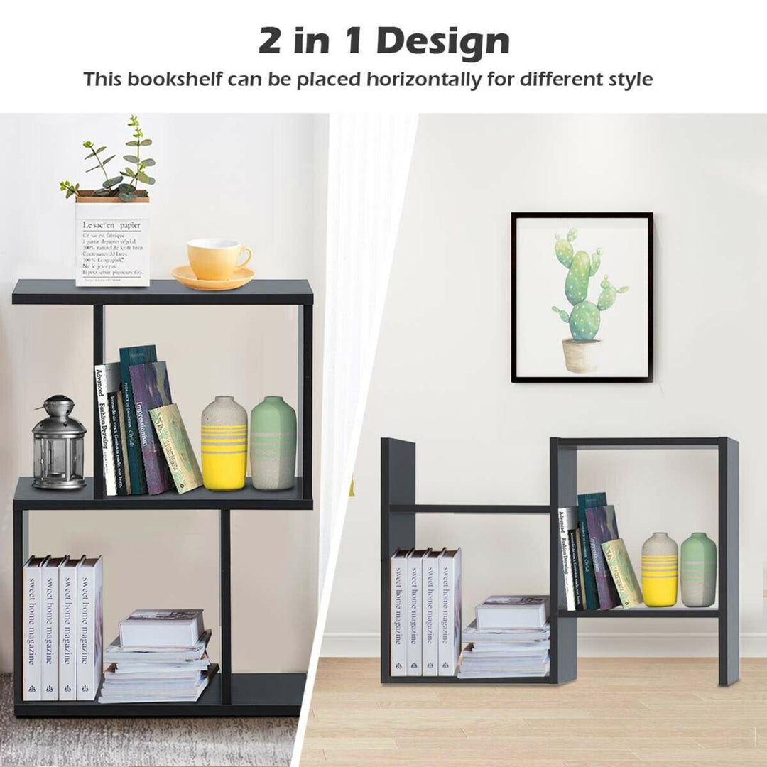 2-tier S-Shaped Bookcase Free Standing Storage Rack Wooden Display Decor Black Image 8