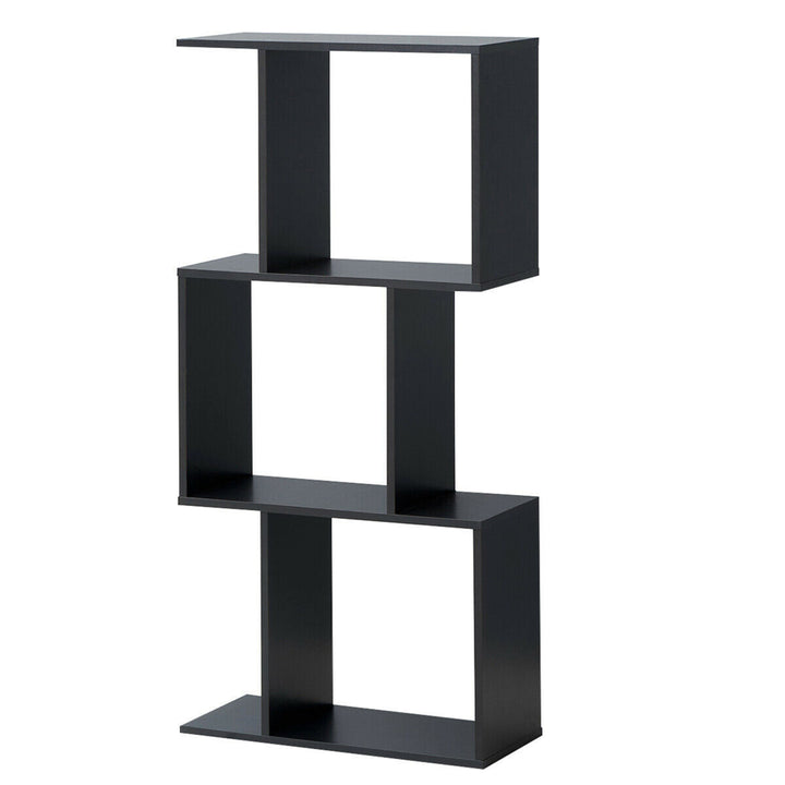 3-tier S-Shaped Bookcase Free Standing Storage Rack Wooden Display Decor Black Image 1