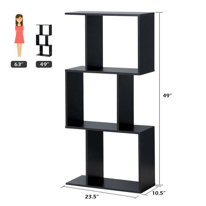 3-tier S-Shaped Bookcase Free Standing Storage Rack Wooden Display Decor Black Image 2