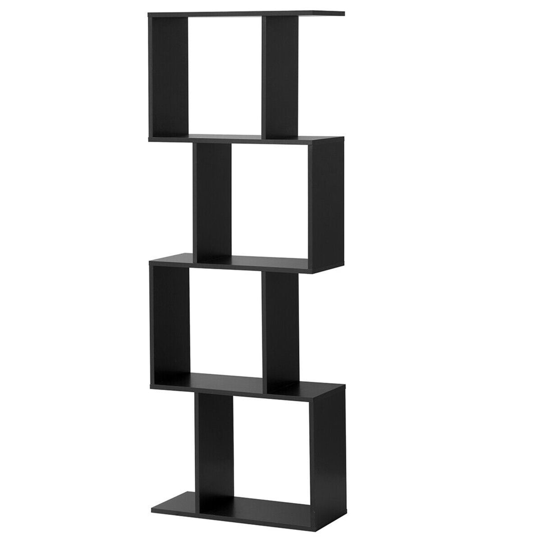 4-tier S-Shaped Bookcase Free Standing Storage Rack Wooden Display Decor Black Image 1