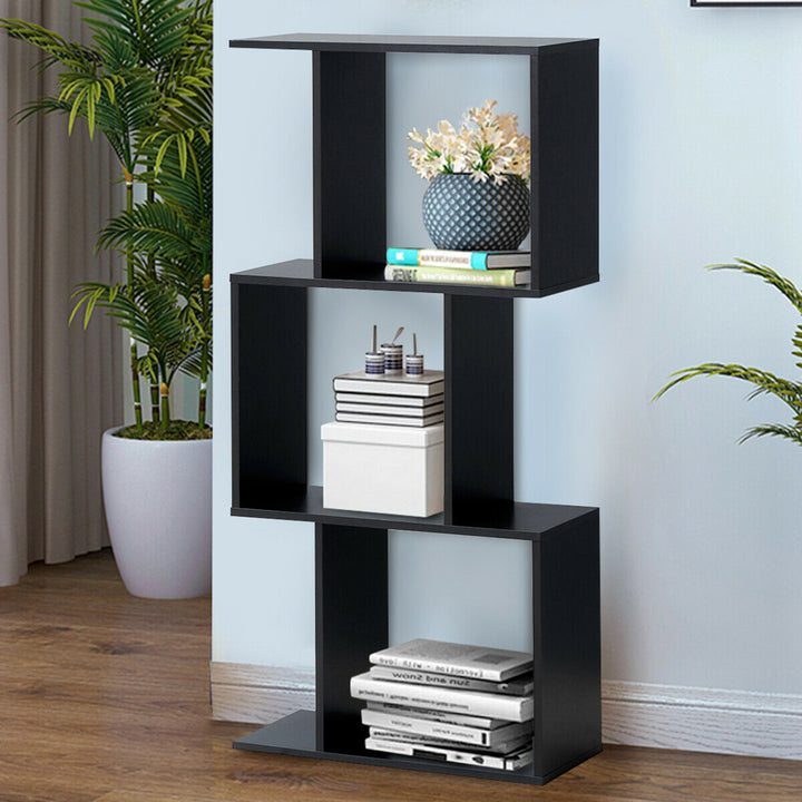 3-tier S-Shaped Bookcase Free Standing Storage Rack Wooden Display Decor Black Image 3