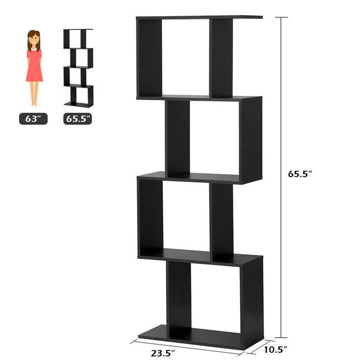 4-tier S-Shaped Bookcase Free Standing Storage Rack Wooden Display Decor Black Image 2