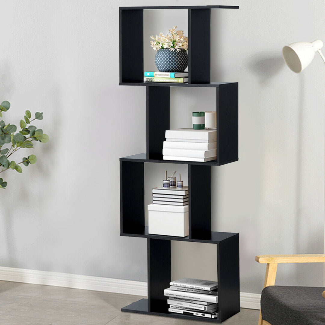 4-tier S-Shaped Bookcase Free Standing Storage Rack Wooden Display Decor Black Image 3