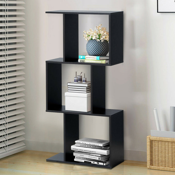 3-tier S-Shaped Bookcase Free Standing Storage Rack Wooden Display Decor Black Image 4