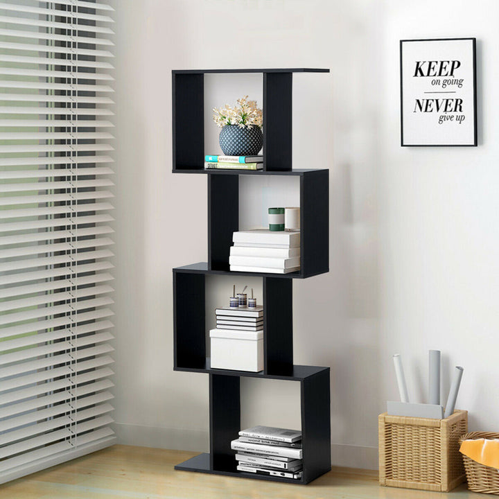 4-tier S-Shaped Bookcase Free Standing Storage Rack Wooden Display Decor Black Image 4