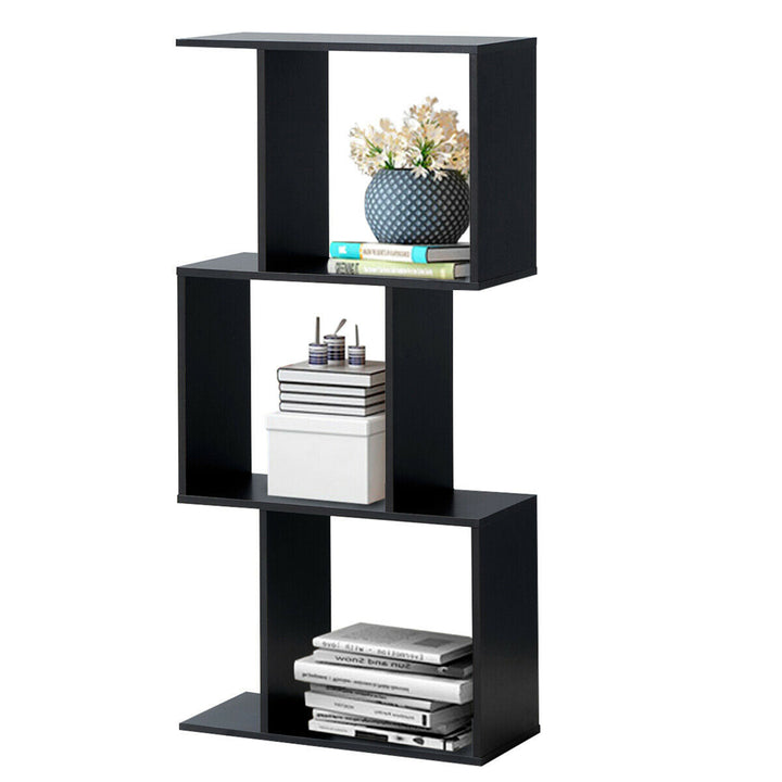 3-tier S-Shaped Bookcase Free Standing Storage Rack Wooden Display Decor Black Image 6