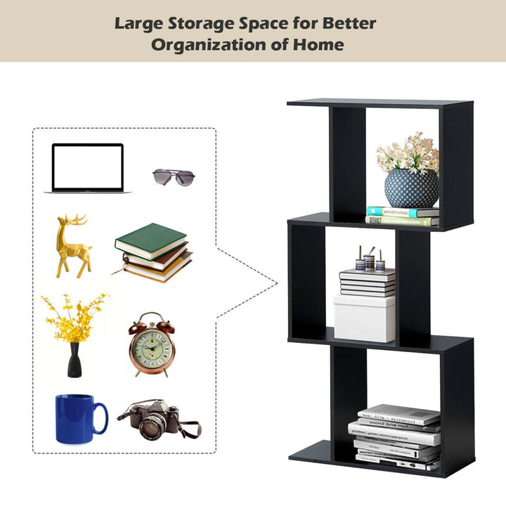 3-tier S-Shaped Bookcase Free Standing Storage Rack Wooden Display Decor Black Image 7