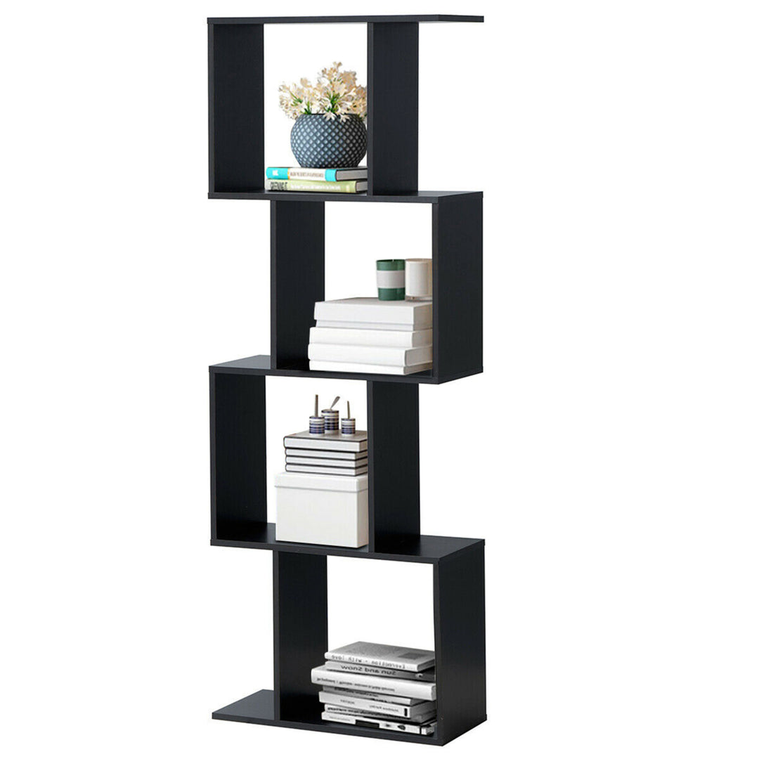 4-tier S-Shaped Bookcase Free Standing Storage Rack Wooden Display Decor Black Image 6