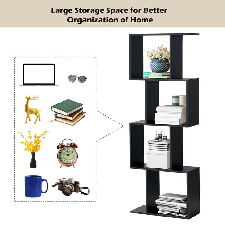 4-tier S-Shaped Bookcase Free Standing Storage Rack Wooden Display Decor Black Image 7