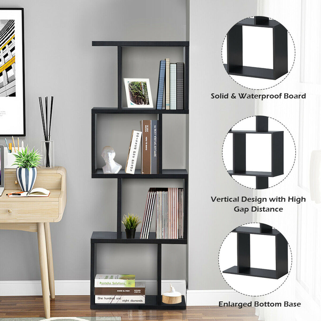 4-tier S-Shaped Bookcase Free Standing Storage Rack Wooden Display Decor Black Image 10