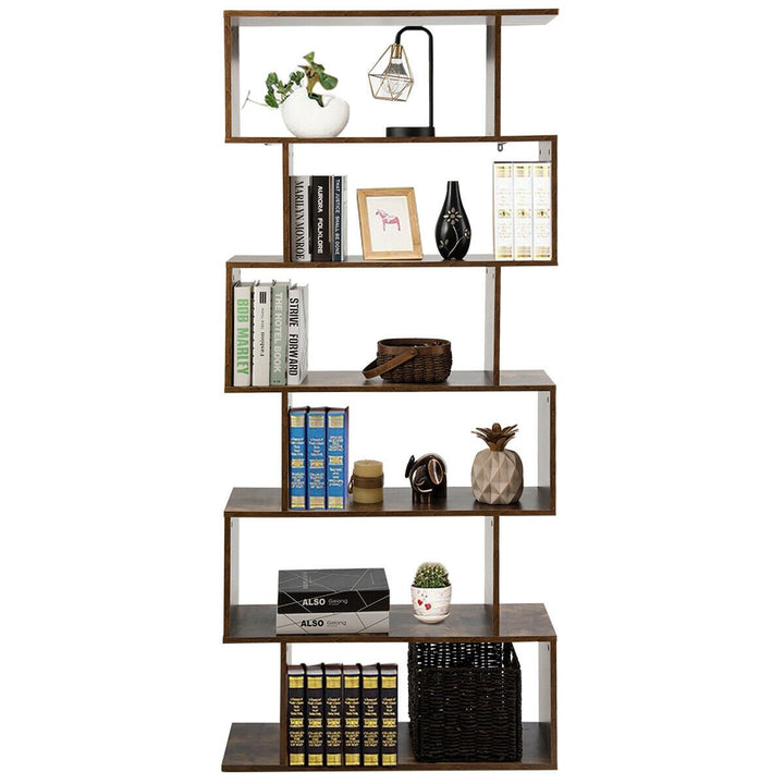 6-Tier S-Shape Bookcase Z-Shelf Style Storage Display Rack Brown Image 1