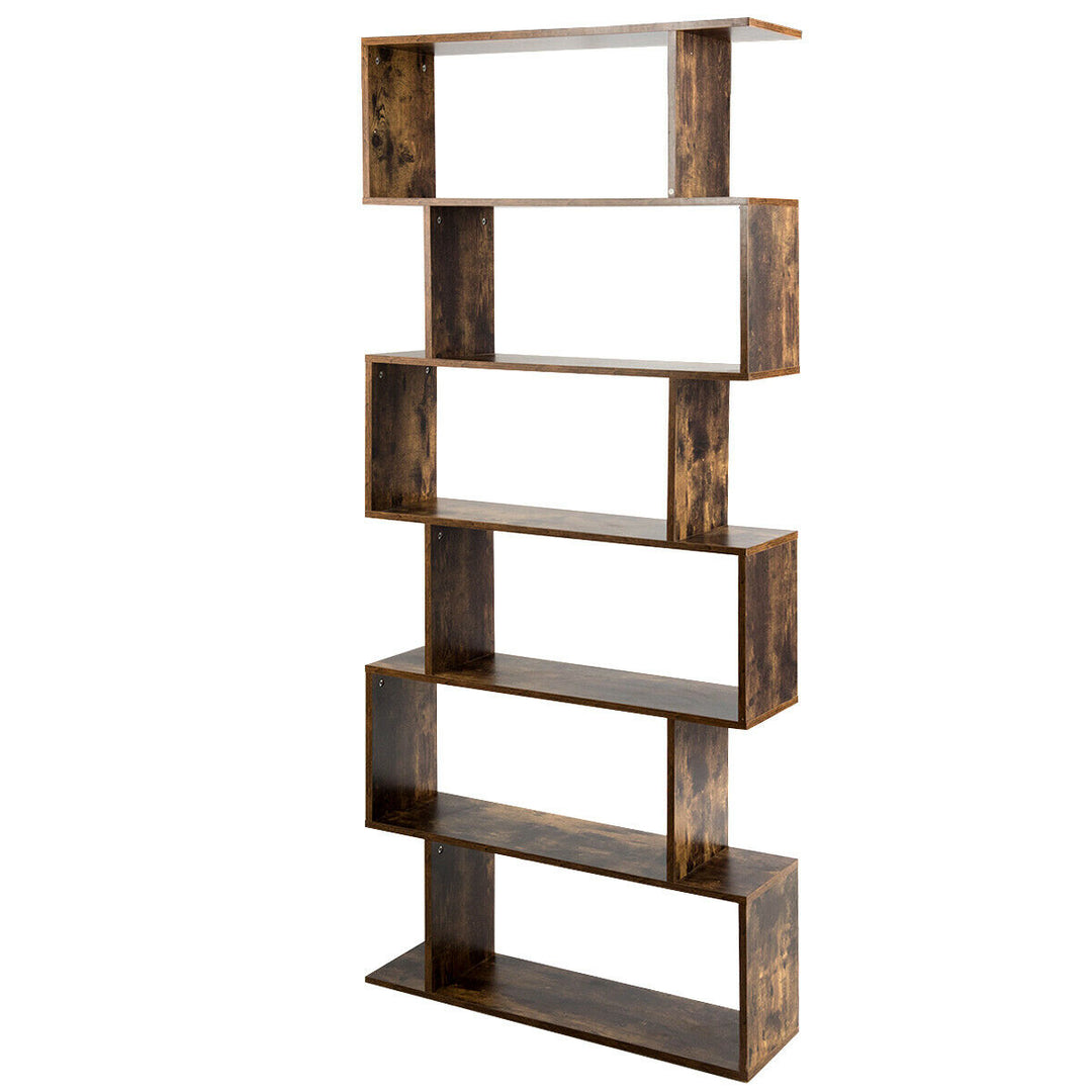 6-Tier S-Shape Bookcase Z-Shelf Style Storage Display Rack Brown Image 2