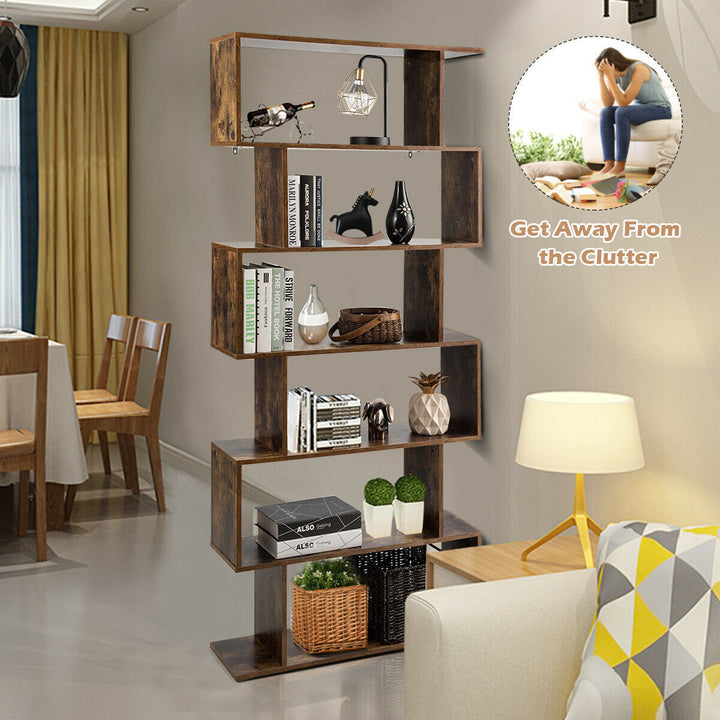 6-Tier S-Shape Bookcase Z-Shelf Style Storage Display Rack Brown Image 3