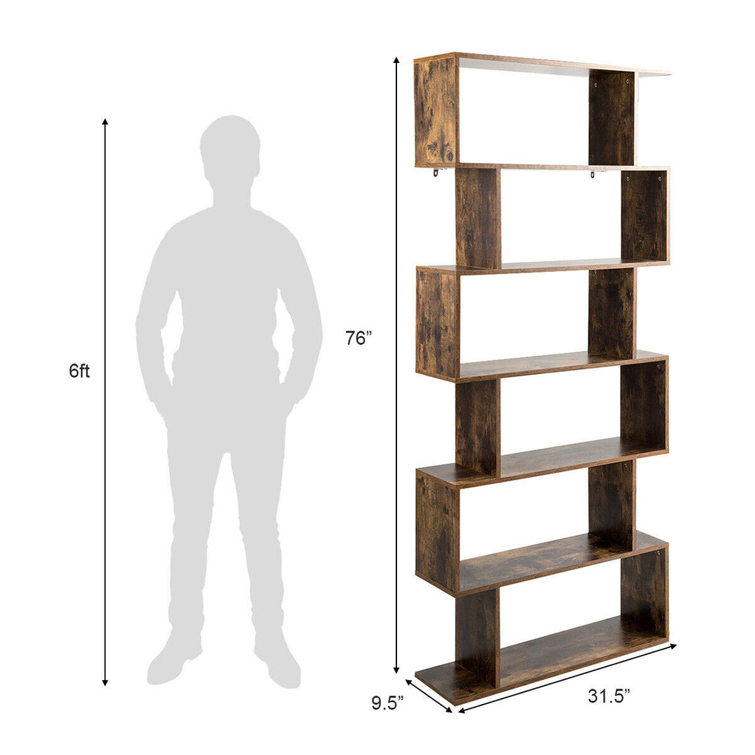 6-Tier S-Shape Bookcase Z-Shelf Style Storage Display Rack Brown Image 8