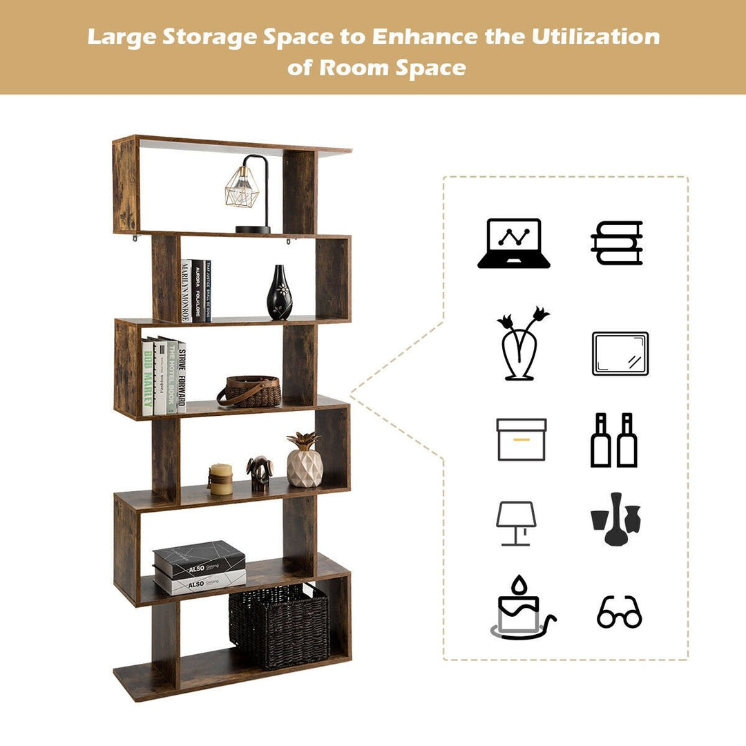 6-Tier S-Shape Bookcase Z-Shelf Style Storage Display Rack Brown Image 9