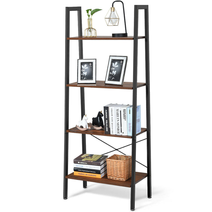 4-Tier Ladder Shelf Ladder Bookcase Bookshelf Display Rack Plant Stand Wood Image 1