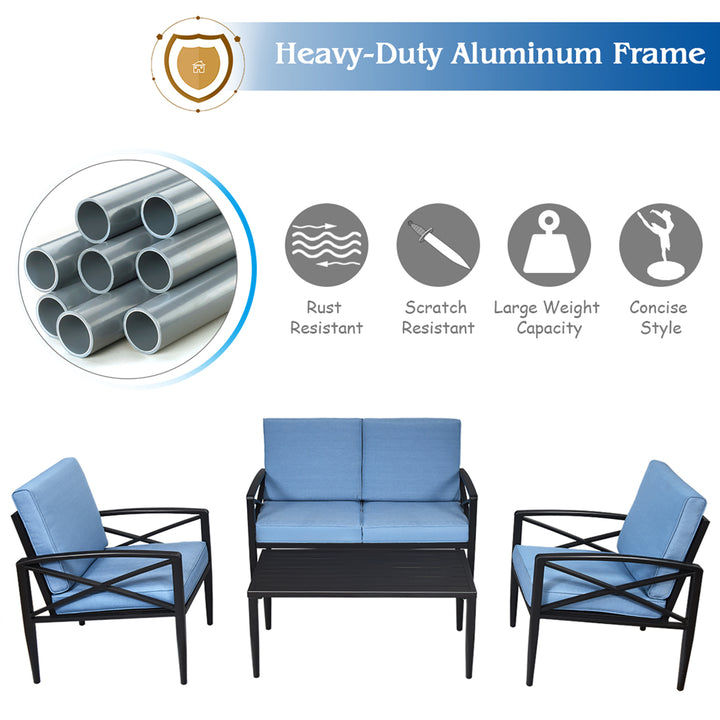 Costway 8PCS Patio Furniture Set Aluminum Frame Cushioned Sofa Chair Coffee Table Blue Image 4