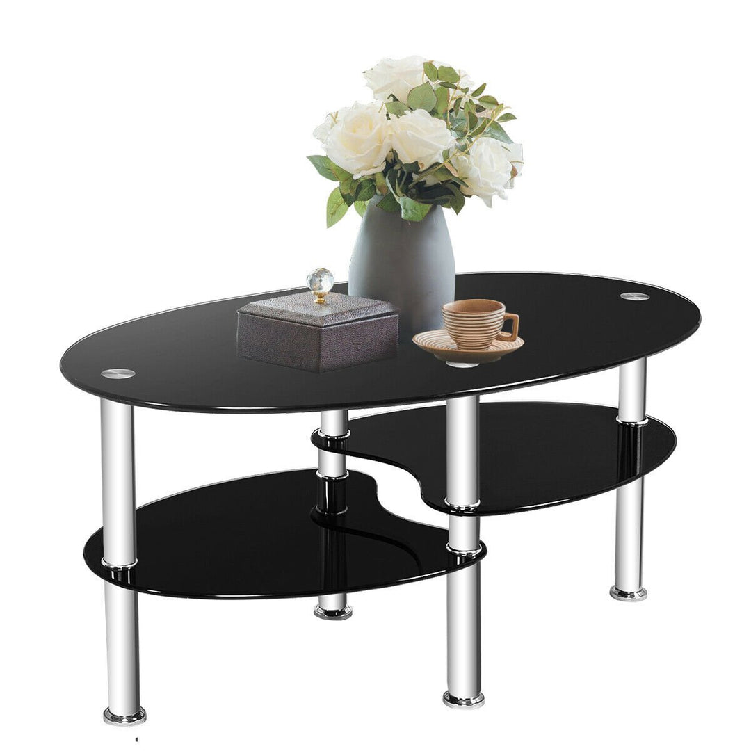 Tempered Glass Oval Side Coffee Table Shelf Chrome Base Living Room Black Image 7