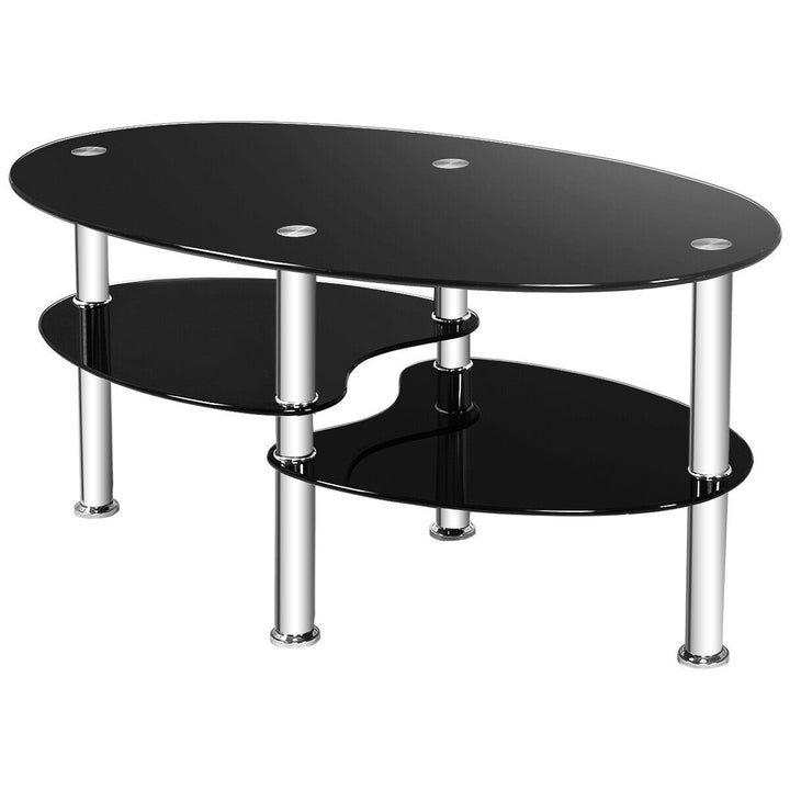 Tempered Glass Oval Side Coffee Table Shelf Chrome Base Living Room Black Image 8