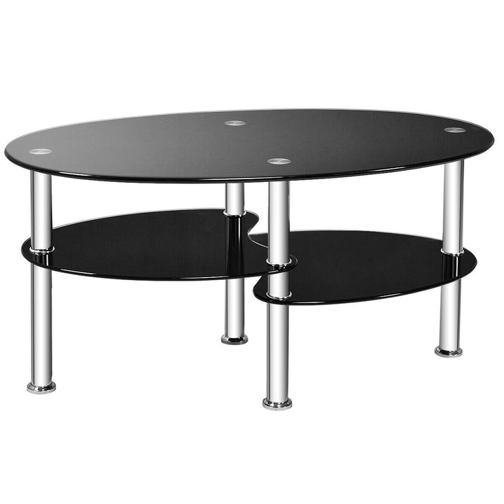 Tempered Glass Oval Side Coffee Table Shelf Chrome Base Living Room Black Image 9