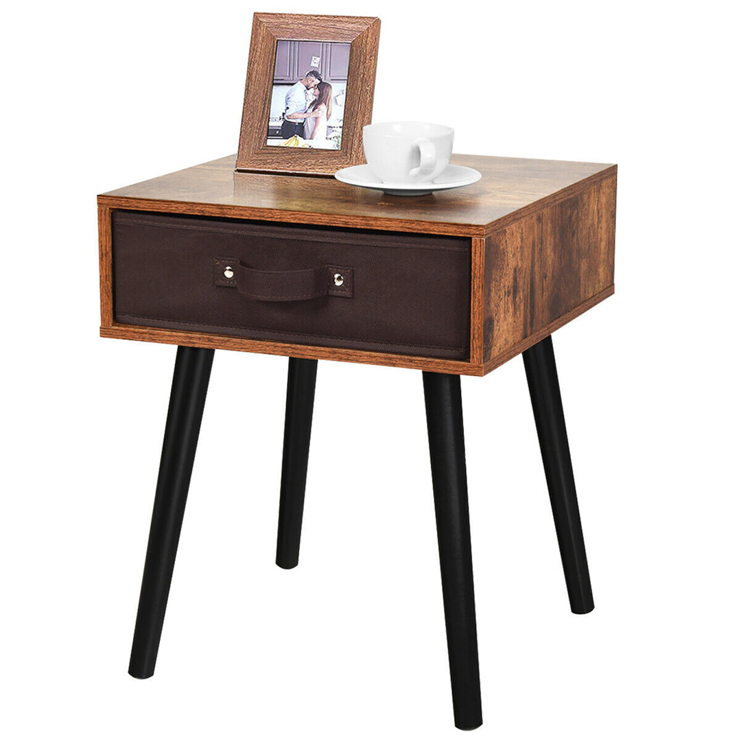 Mid-Century Accent Bedside Table W/ Fabric Drawer Rustic Brown Image 7