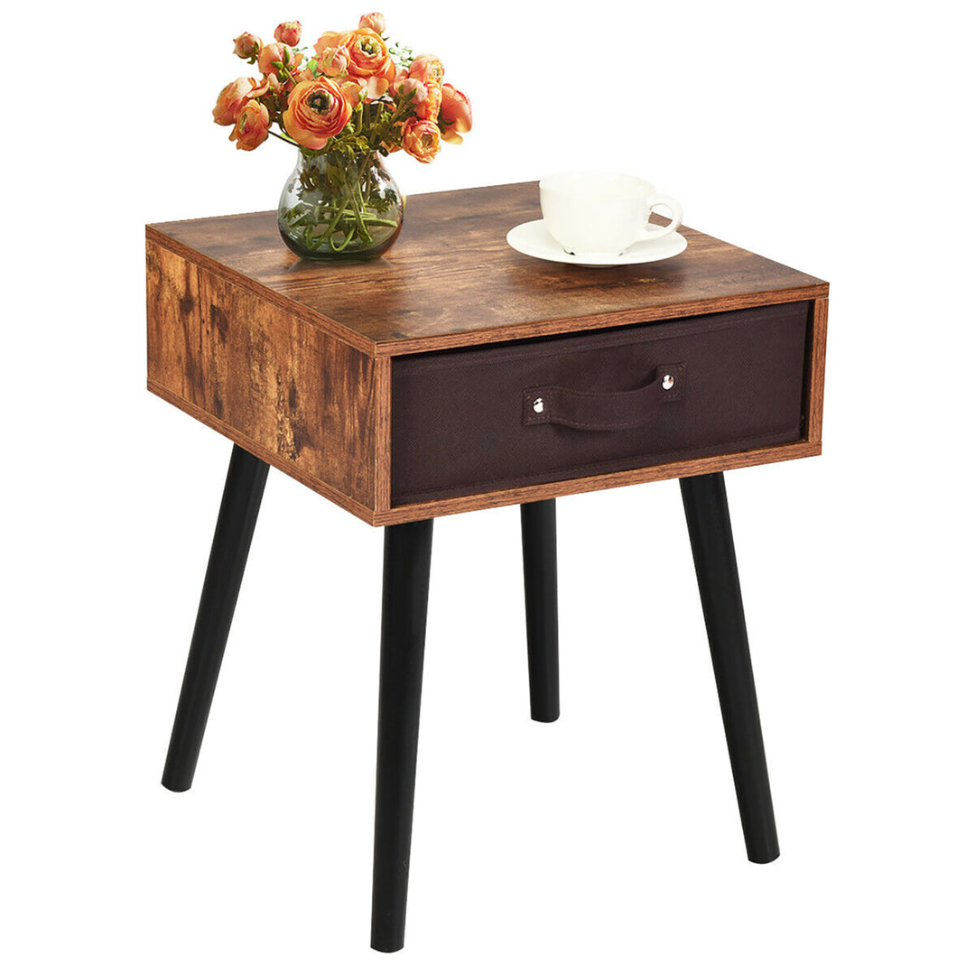 Mid-Century Accent Bedside Table W/ Fabric Drawer Rustic Brown Image 8