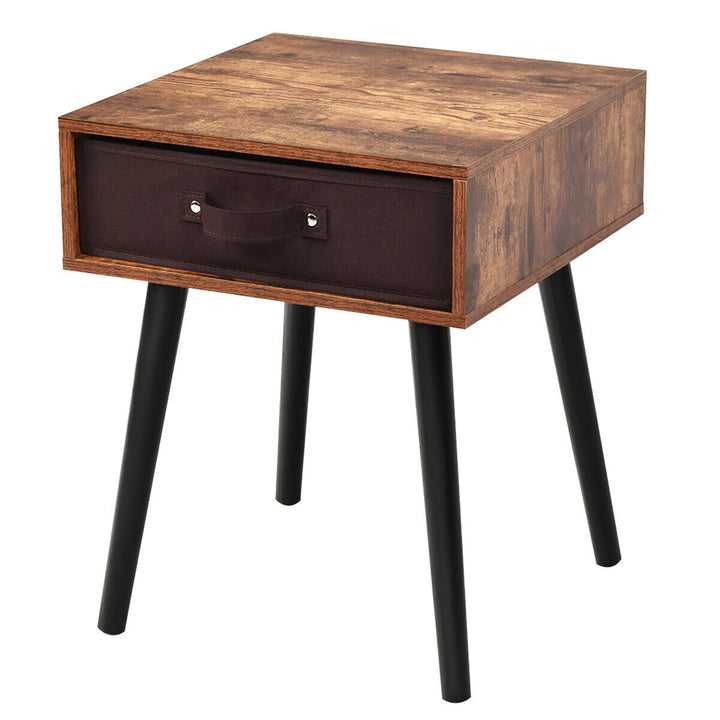 Mid-Century Accent Bedside Table W/ Fabric Drawer Rustic Brown Image 9