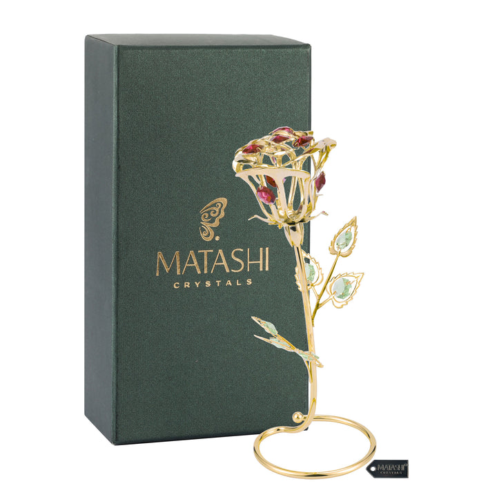 24K Gold Plated Rose Flower Tabletop Ornament w/ Red Pink and Green Matashi Crystals Metal Floral Arrangement Decorative Image 1