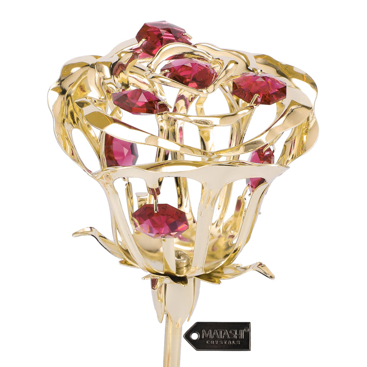 24K Gold Plated Rose Flower Tabletop Ornament w/ Red Pink and Green Matashi Crystals Metal Floral Arrangement Decorative Image 4