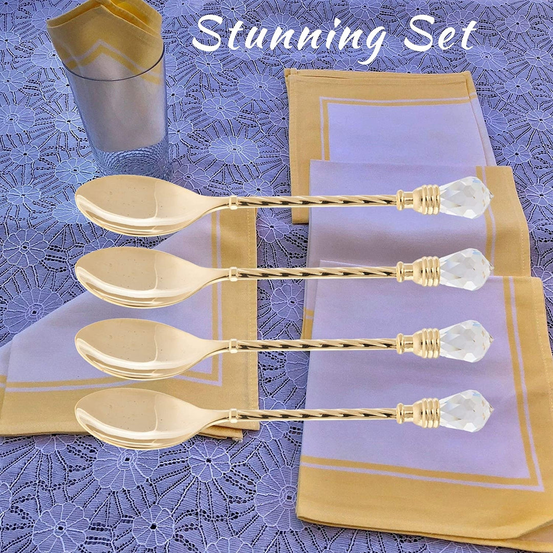 24K Gold Plated Crystal Topped Dessert Spoons by Matashi (Set of 4) Image 1