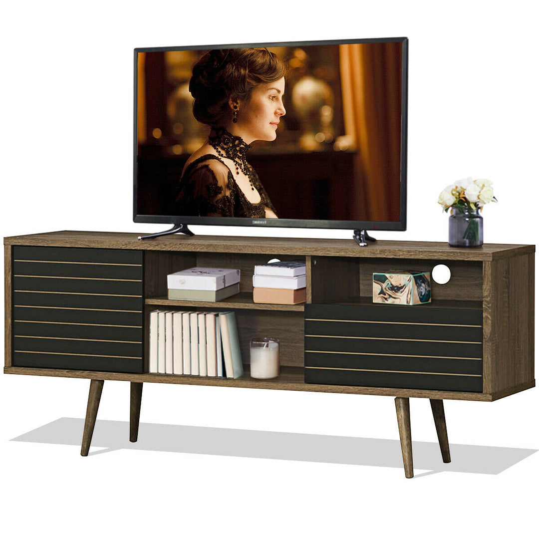 Modern TV Stand/Console Cabinet 3 Shelves Storage Drawer Splayed Leg Wood/Black Image 1