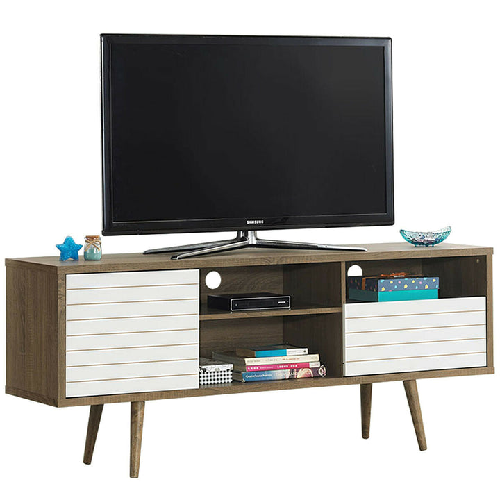 Modern TV Stand/Console Cabinet 3 Shelves Storage Drawer Splayed Leg Wood/White Image 1